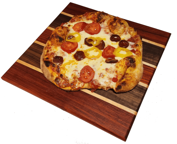 Padauk, Walnut, and Maple Face Grain Cutting Board with Pizza